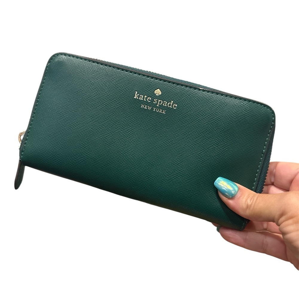 Kate Spade Green Wallet zip around clutch leather designer coin card holder